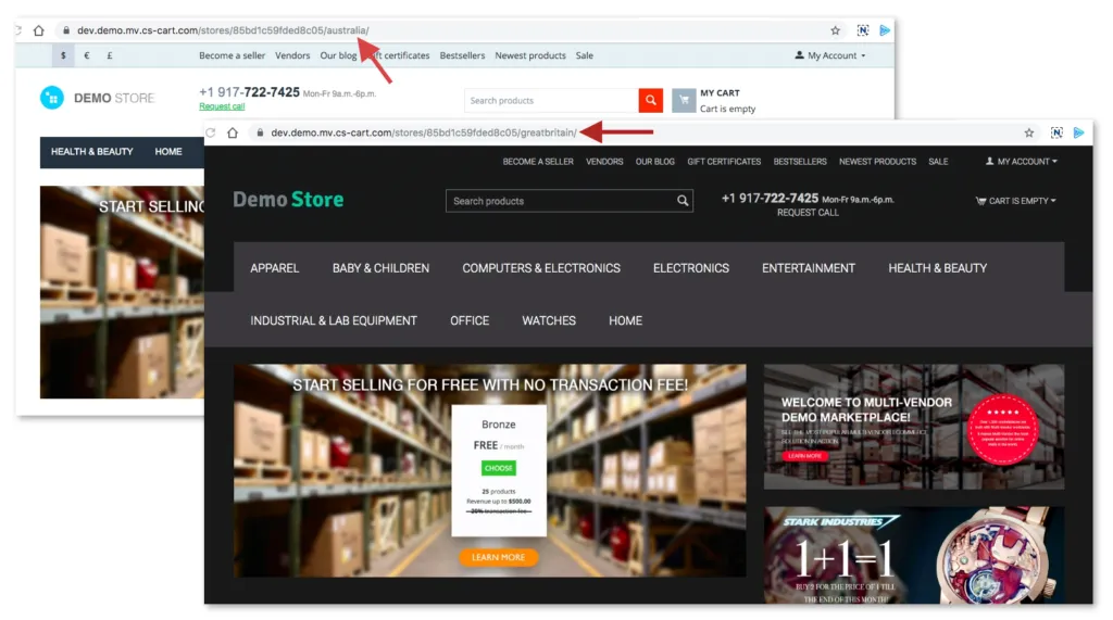 Dwa storefronty z jasnym i ciemnym tematem graficznym