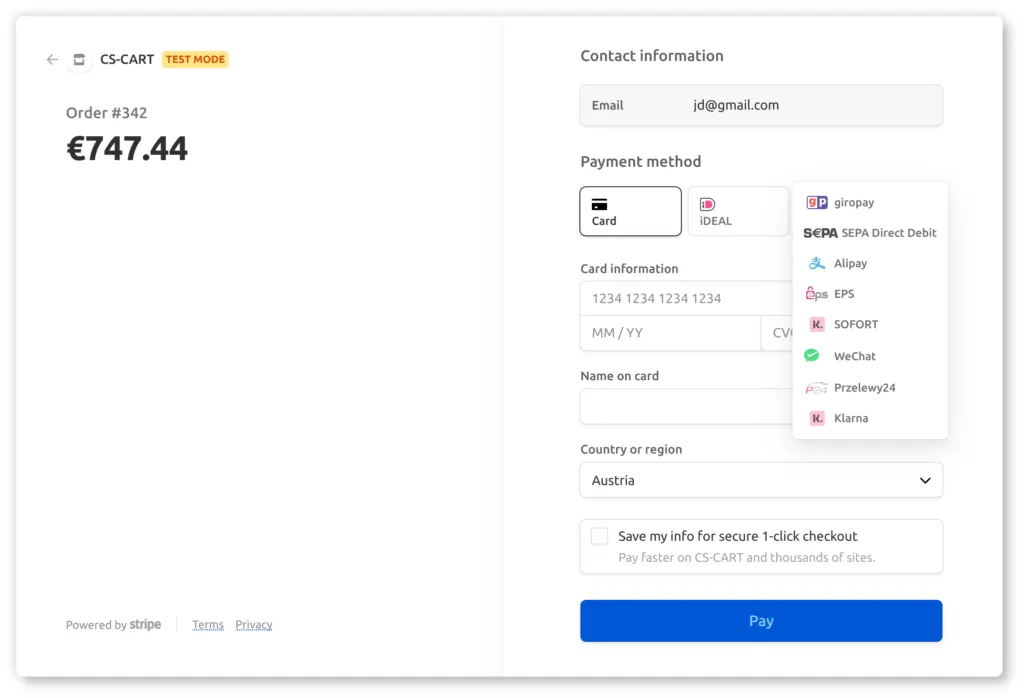 Stripe Checkout z listą dostępnych metod płatności