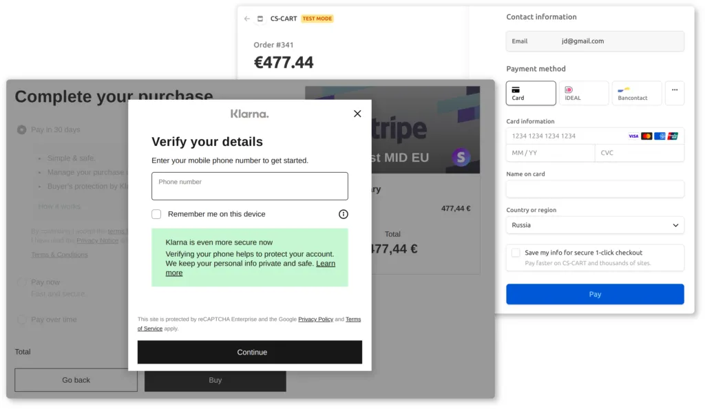 Weryfikacja Klarna obok formularza płatności Stripe Checkout