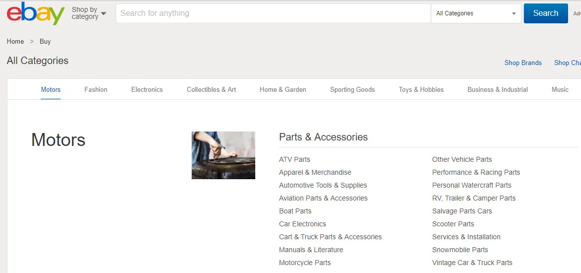 Lista kategorii w serwisie eBay