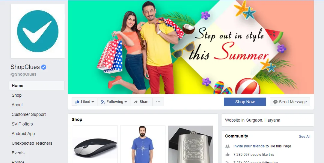 Sklep ShopClues na Facebooku z produktami i przyciskiem Shop Now