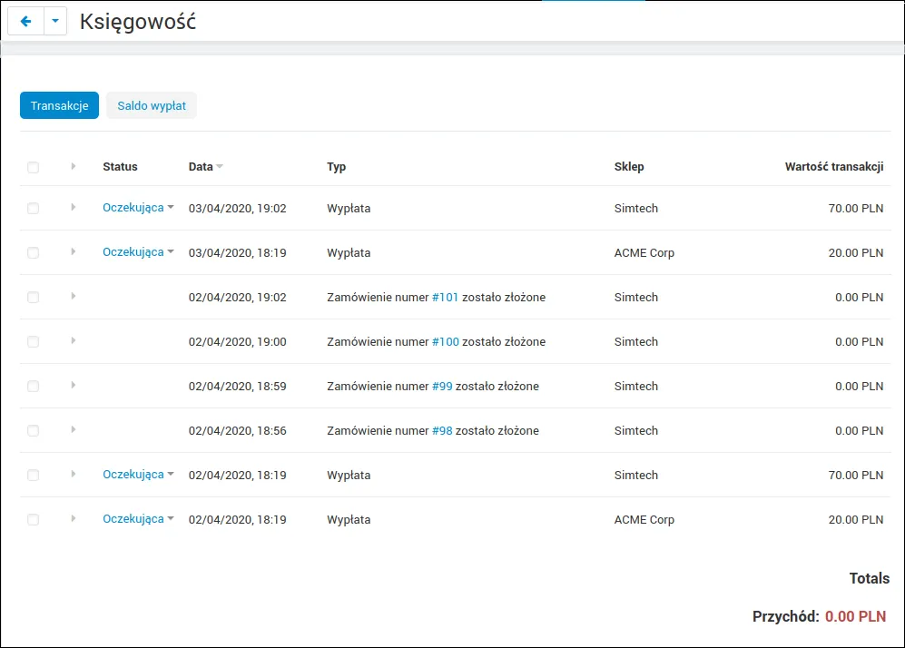Lista transakcji i wypłat w zakładce Księgowość administratora