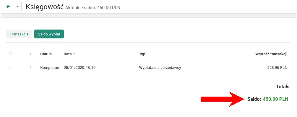 Saldo sprzedawcy 450 PLN w zakładce Księgowość