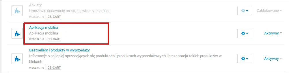 Dodatek Aplikacja mobilna na liście dodatków w panelu administracyjnym