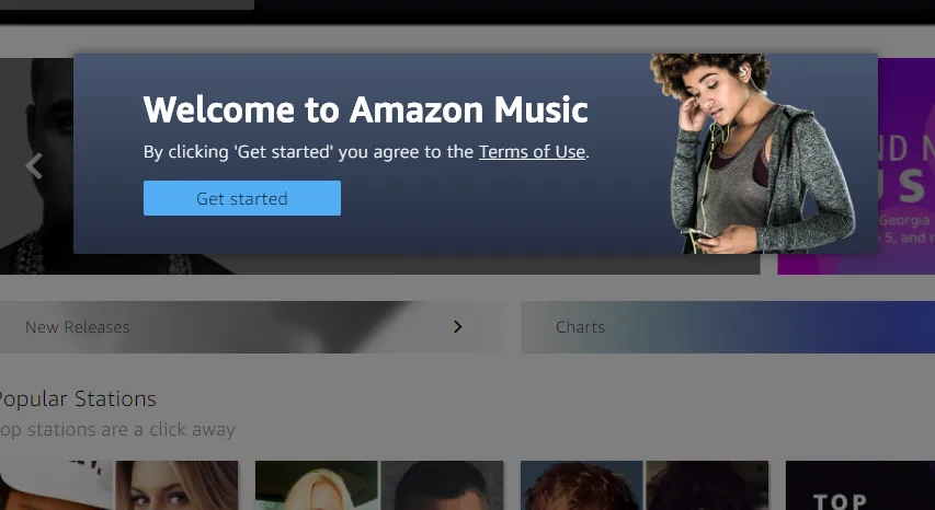 Ekran powitalny Amazon Music z akceptacją warunków korzystania