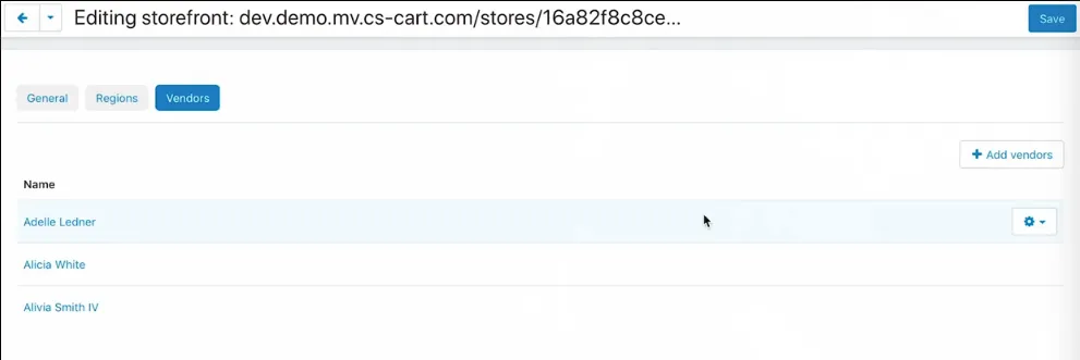 Lista sprzedawców przypisanych do storefrontu w zakładce Vendors