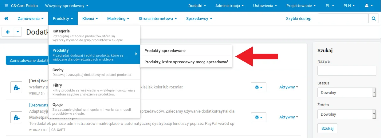 Menu Produkty z pozycją Produkty, które sprzedawcy mogą sprzedawać