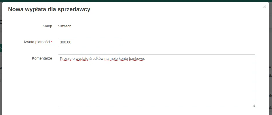 Formularz nowej wypłaty dla sprzedawcy na kwotę 300 PLN