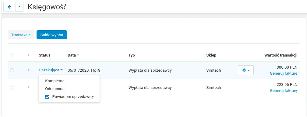 Akceptacja lub odrzucenie zlecenia wypłaty w zakładce Księgowość