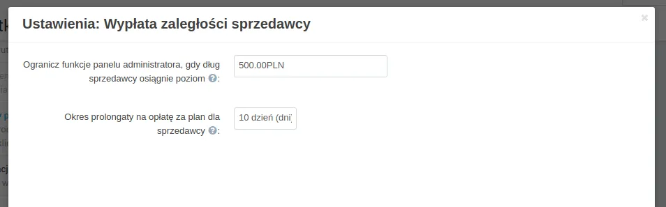 Ustawienia dodatku Wypłata zaległości sprzedawcy z limitem długu