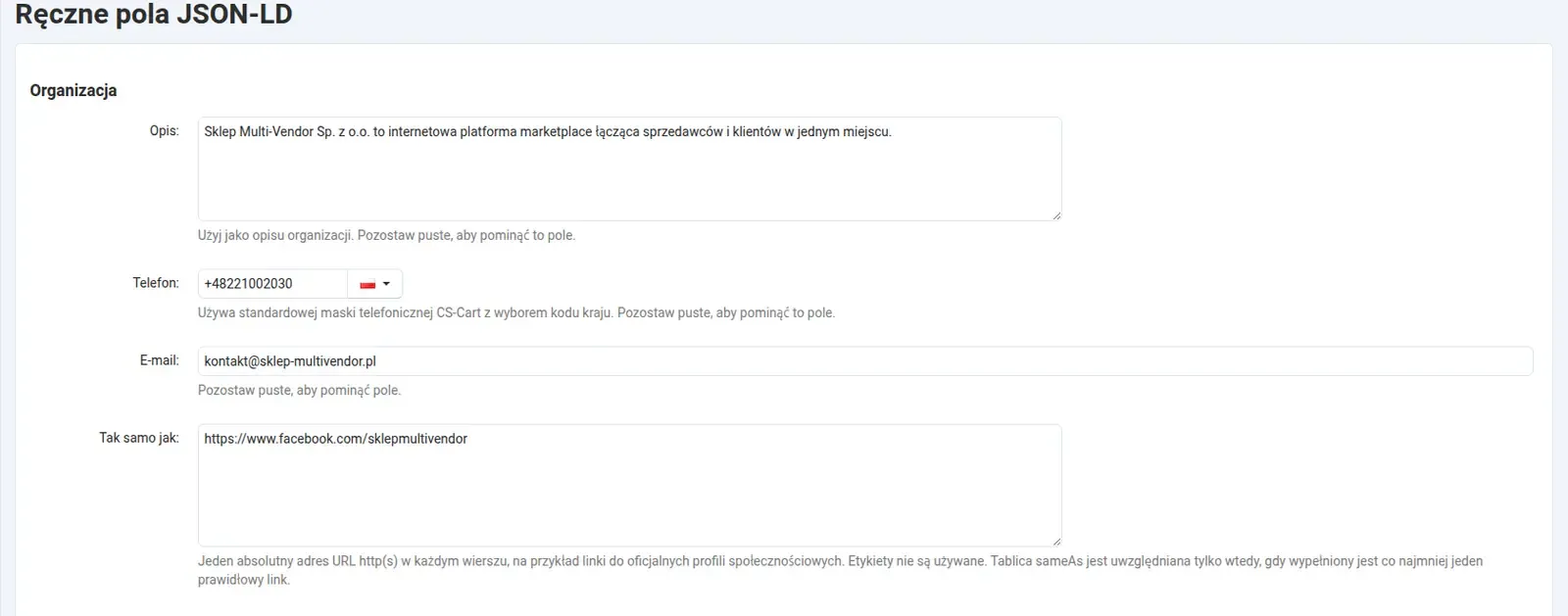Formularz JSON-LD w panelu, sekcja Organizacja z wypełnionym opisem firmy, telefonem i adresem e-mail