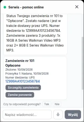 Odpowiedź czatu o zamówieniu z kartą statusu, datą nadania i numerem przesyłki