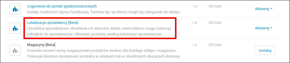 Dodatek Lokalizacje sprzedawcy na liście dodatków