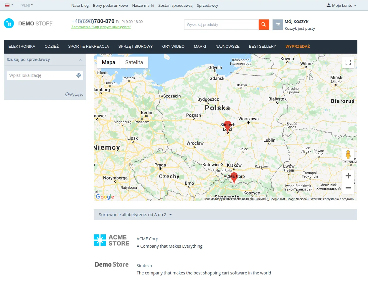 Mapa z lokalizacjami sprzedawców nad listą sprzedawców w sklepie
