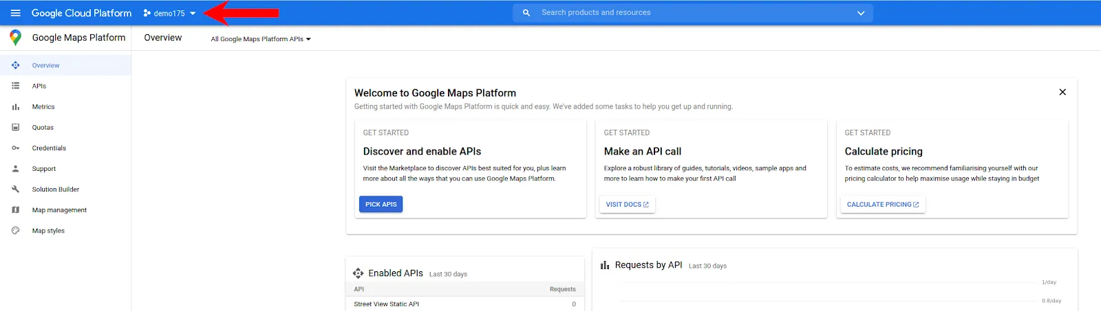 Wybór projektu w konsoli Google Maps Platform