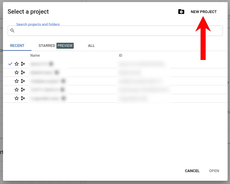 Tworzenie nowego projektu w oknie wyboru projektu Google Cloud