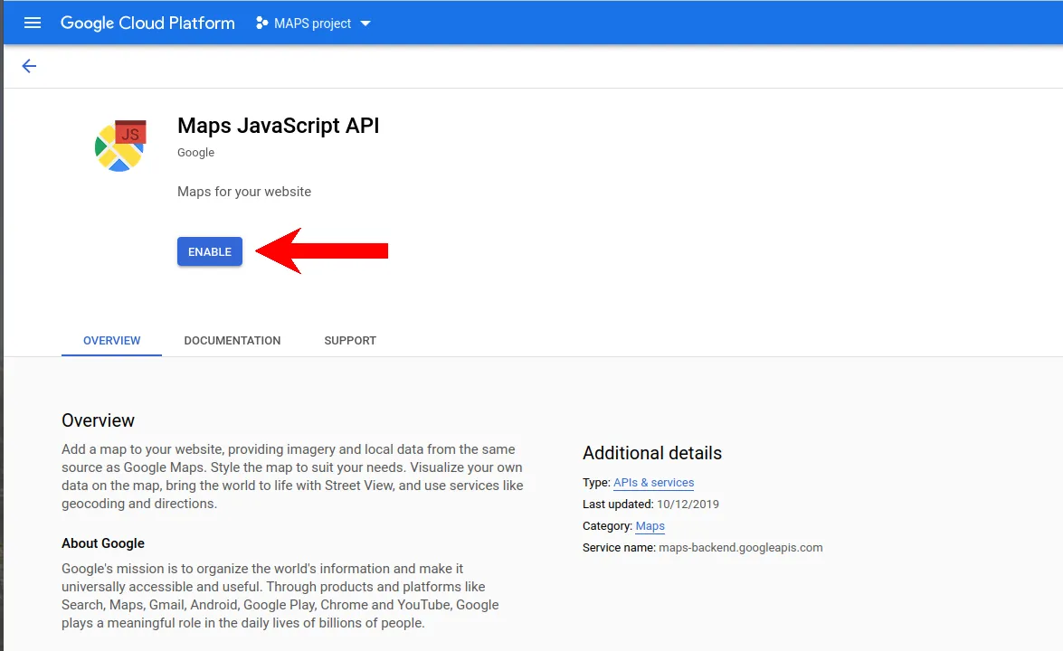 Aktywacja Maps JavaScript API przyciskiem Enable