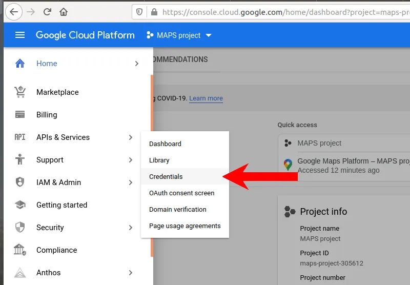 Pozycja Credentials w menu APIs and Services Google Cloud