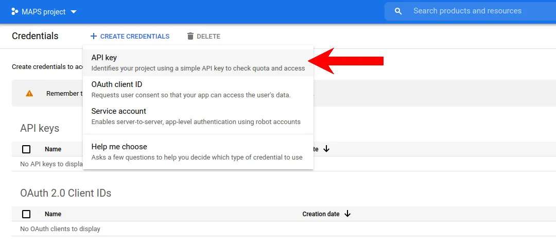 Tworzenie klucza API w sekcji Credentials Google Cloud