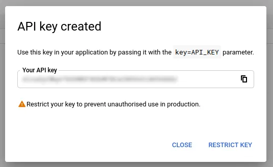 Okno z wygenerowanym kluczem API Google