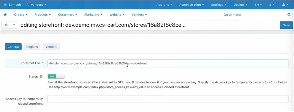 Adres URL, status i klucz dostępu w edycji storefrontu