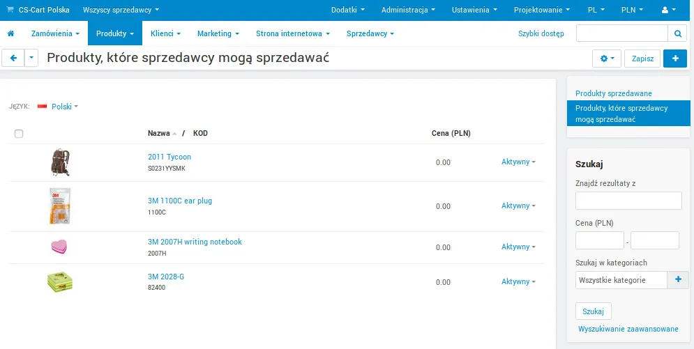 Lista produktów, które sprzedawcy mogą sprzedawać, w panelu administratora