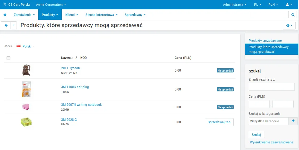 Wspólne produkty oznaczone jako Na sprzedaż w panelu sprzedawcy Acme