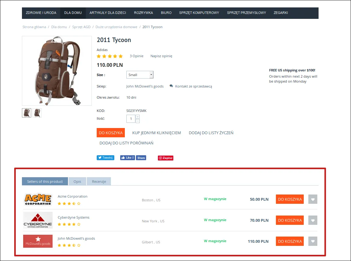Karta produktu z ofertami kilku sprzedawców tego samego produktu
