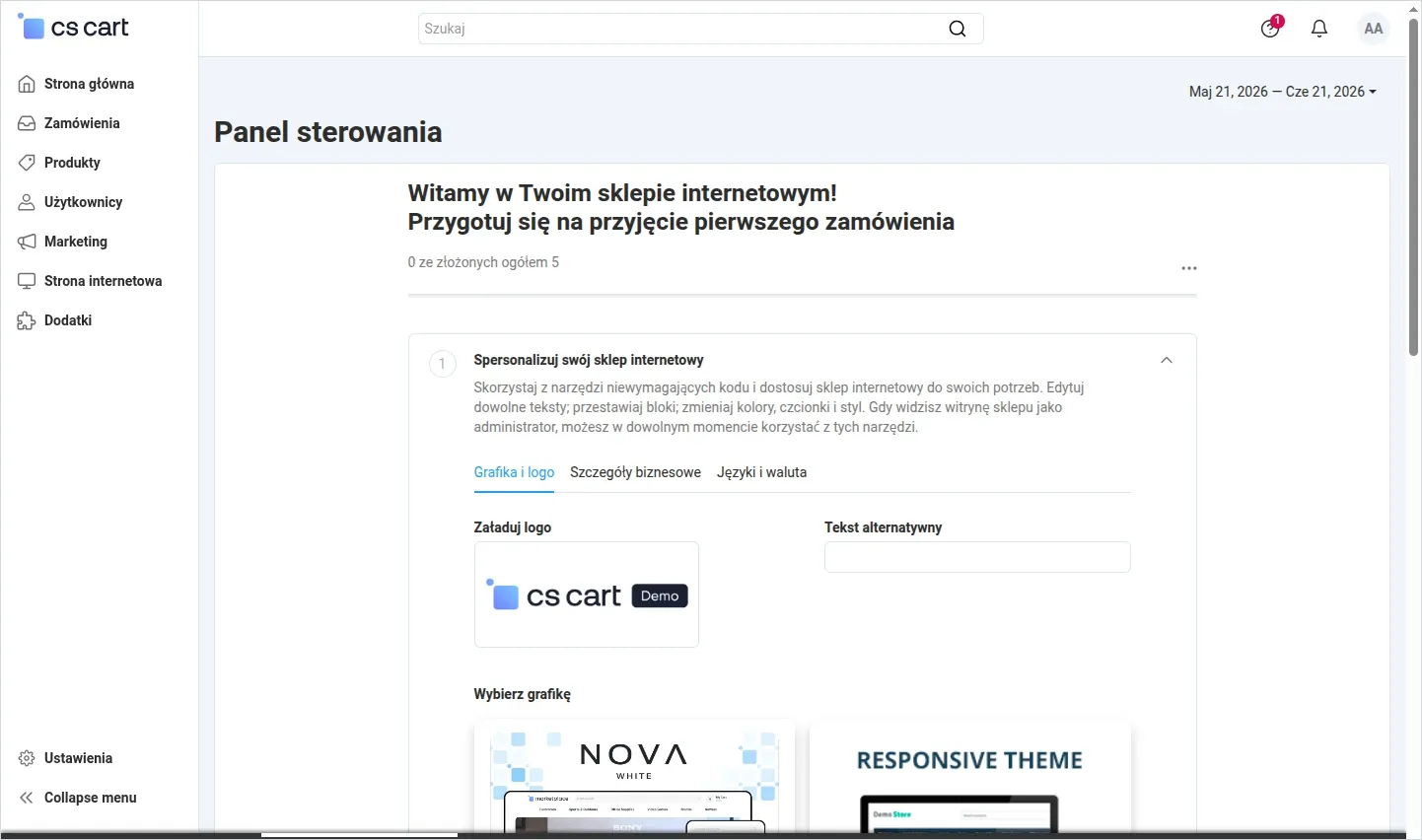 Panel z rozwiniętym menu bocznym