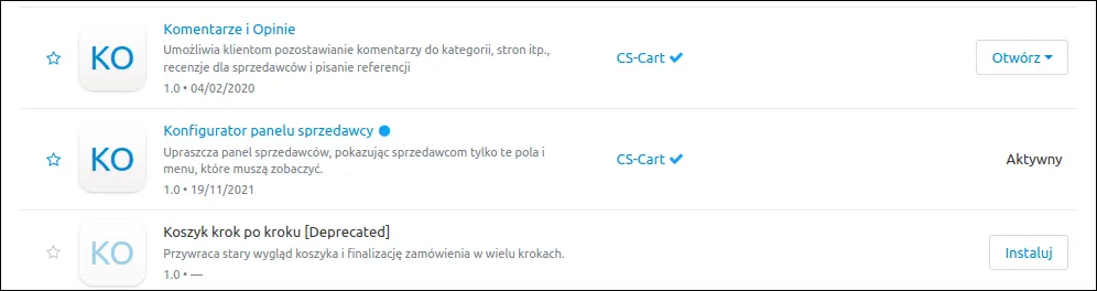 Dodatek Konfigurator panelu sprzedawcy na liście dodatków