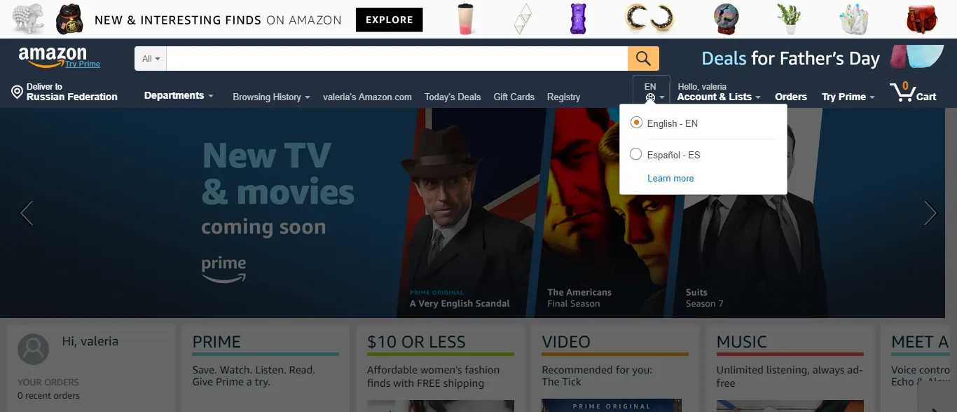 Wybór języka w sklepie Amazon