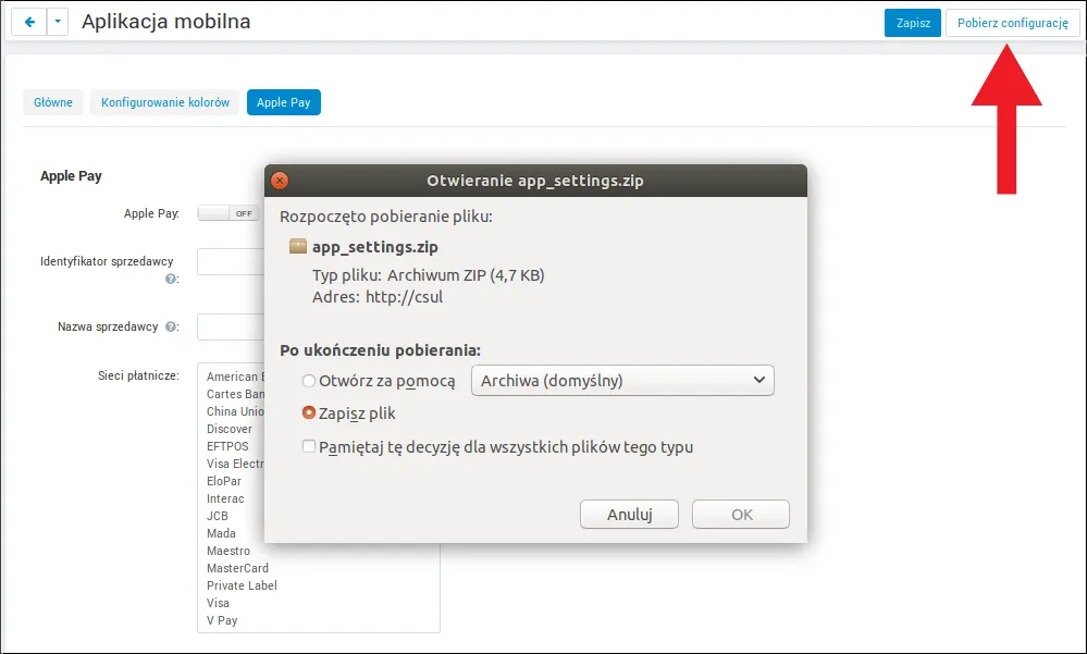 Pobieranie pliku app_settings.zip przyciskiem Pobierz konfigurację