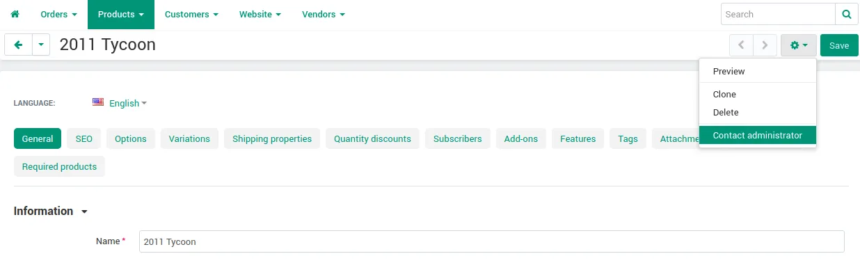 Opcja Contact administrator w menu edycji produktu sprzedawcy