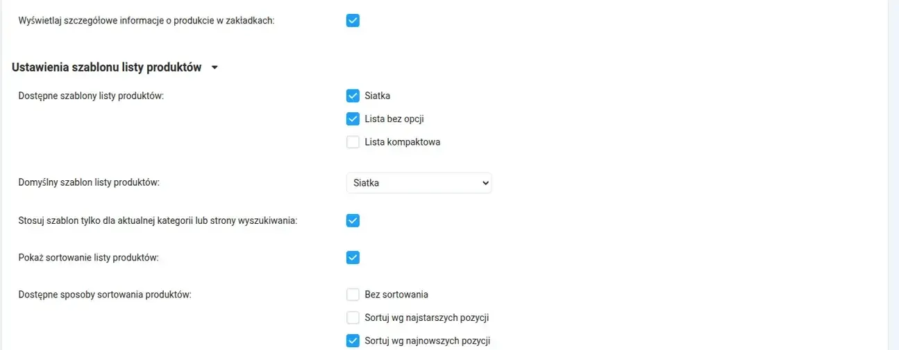 Ustawienia szablonu listy produktów w panelu, pola Lista kompaktowa oraz Pokaż sortowanie listy produktów
