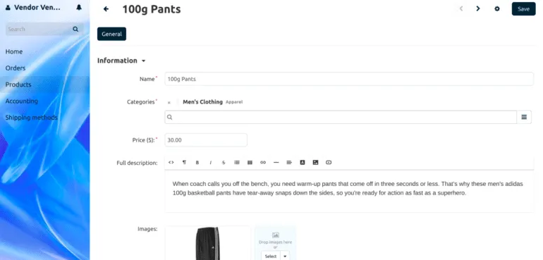 Nowy panel sprzedawcy z menu po lewej stronie i edycją produktu