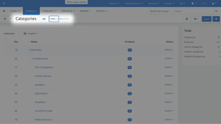 Lista kategorii z przełącznikiem storefrontów w panelu administratora