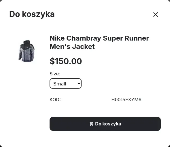 Okno wyboru rozmiaru otwarte po kliknięciu przycisku dodania do koszyka na liście produktów