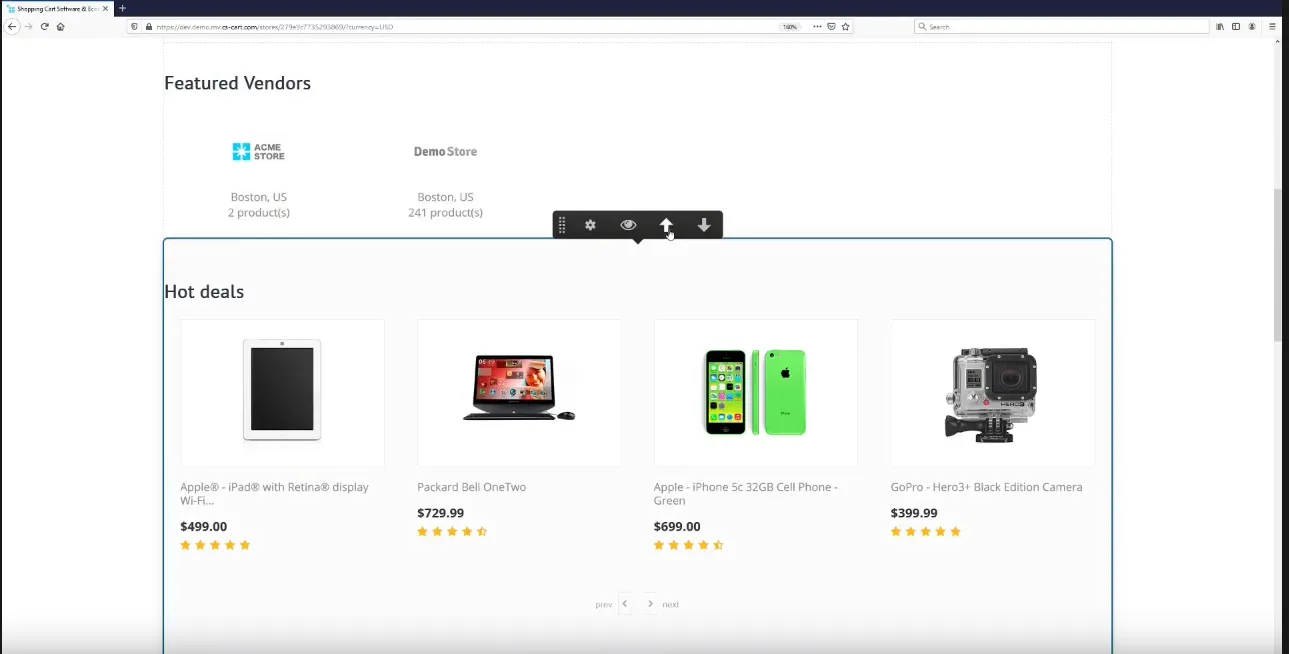 Przesuwanie bloku Hot deals w edytorze wizualnym na storefroncie