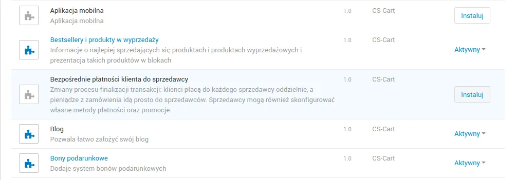 Dodatek Bezpośrednie płatności klienta do sprzedawcy na liście dodatków